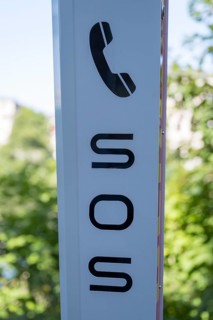 Emergency call pillar, SOS, DLRG, detail, Mülheim an der Ruhr, Rurgebiet, North Rhine-Westphalia,