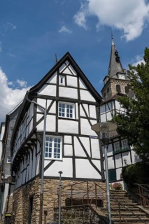 Narrow half-timbered house and church on the market square in the old town, Kettwig, Essen, Rur