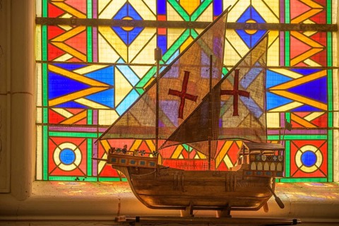 Sailing ship model in the church of Saint Martin, Yport, Département Seine-Maritime, France