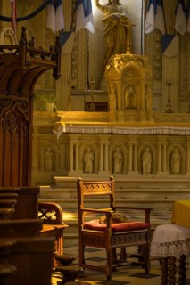 Cat sleeping on an armchair in the chancel, Saint Martin Church, Yport, Seine-Maritime, France