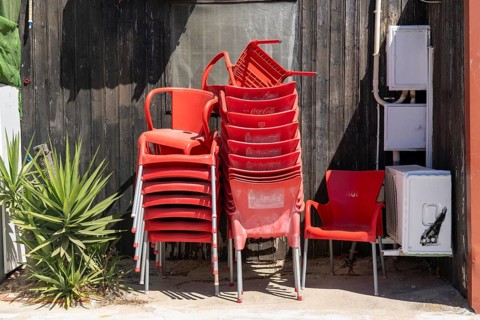 Restaurant furniture, for outdoor catering, tables, chairs, stacked, day off, catering closed, old