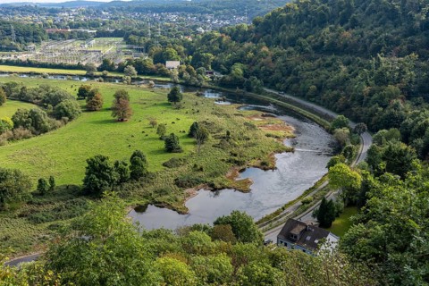 The Ruhr valley near Hattingen, Ruhr bend, groynes in the Ruhr, transformer station, North