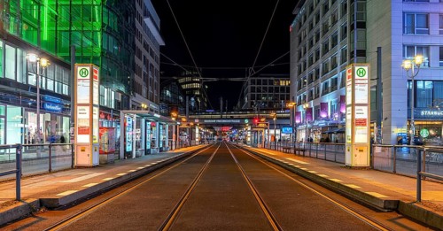 Night shot at the tram line at Friedrichstraße station, stop of lines M1 and M12, Berlin, Germany