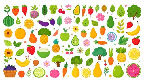 Spring and summer fruit and vegetable element set, vector illustration, AI generated