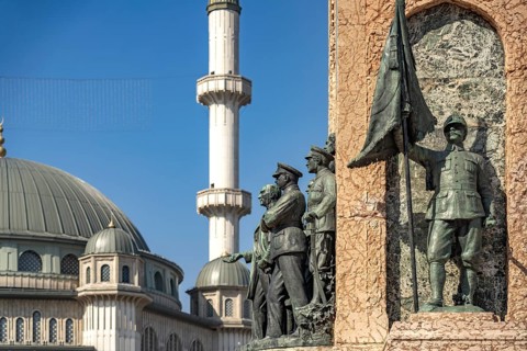 The Cumhuriyet Aniti Republic Monument and the Taksim Mosque on Taksim Square Taksim Meydani in