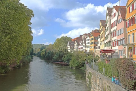 Colourful house front on the Neckar, house facade, Neckar bank, Neckar front, Neckar island, people