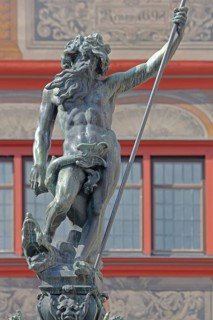 Sculpture Neptune Roman god of the sea with trident, detail, Neptune Fountain, Am Markt, Tübingen,