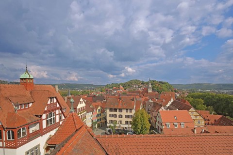 View from the castle to the cityscape with Villa Roigel - left, Tübingen, Neckartal,