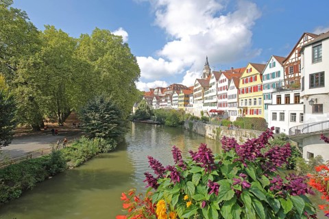 Colourful house front on the Neckar, house facade, Neckar bank, Neckar front, Neckar island with