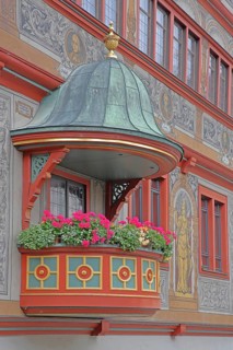Pulpit with pulpit lid, ornamentation, oriel, detail, wall painting, Renaissance, town hall, Am