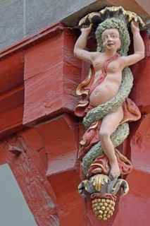 Female naked Bacchante, Roman goddess of wine, Bacchus, mythology, wine culture, wood carving, arts