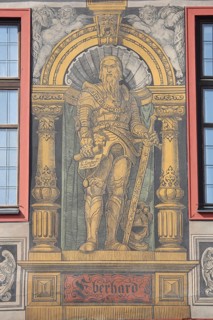 Mural with medieval count, Duke Eberhard in the beard, Eberhard I of Württemberg with sword and