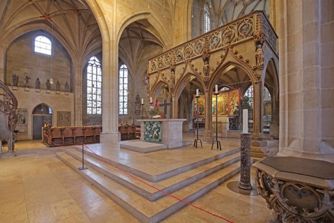 Rood screen in the late Gothic collegiate church of St George, interior view, altar, Tübingen,