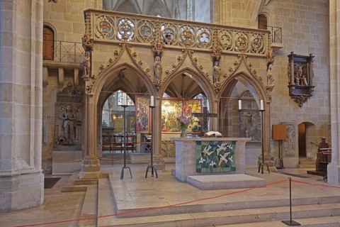 Rood screen of the late Gothic collegiate church of St George, interior view, Tübingen, Neckar