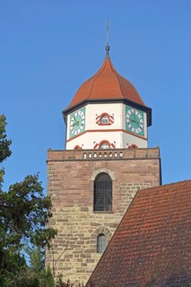 Historic Roman tower built in 1746, landmark, clocks, town tower, Haigerloch, Swabian Alb,