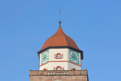 Historic Roman tower built in 1746, clocks, spire, detail, cut-out, town tower, landmark,