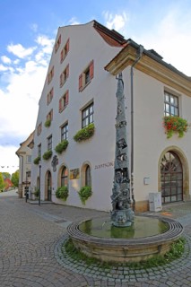 Narrenbrunnen and Zehntscheuer, Rottenburg am Neckar, Neckar Valley, Baden-Württemberg, Germany