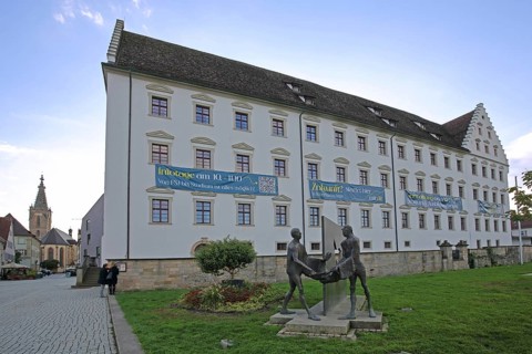 Episcopal Ordinariate built in 1658 with sculpture Martin of Tours by Karl Ulrich Nuss, modern art,