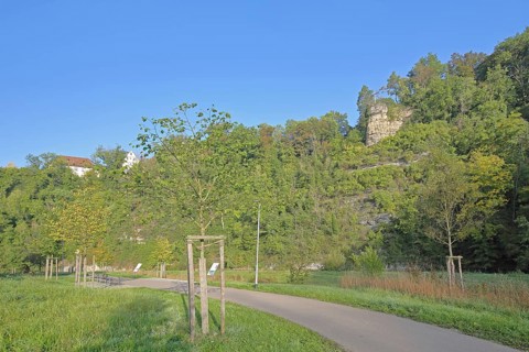 Rock Kapf with cross, rock formation, rock cliff, path, fruit trees, mountain, forest, landscape,