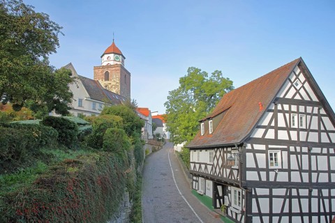 Roman tower built in 1746 and half-timbered house, landmark, town tower, Haigerloch, Swabian Alb,