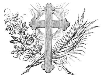 Christian symbols with cross, palm branch, floral ornamentation, halo, Old Testament, Bible,