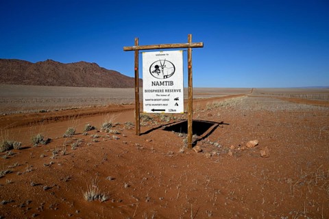 Namtib Biosphere Reserve sign on the D707, Tiras Mountains, Karas Region, Namibia