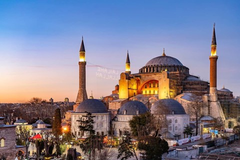 Today's Hagia Sophia mosque at dusk, Istanbul, Turkey
