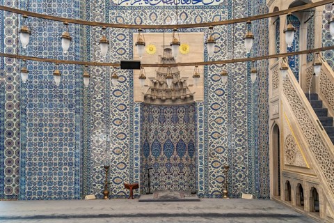 Blue Iznik tiles in the interior of the Rüstem Pasha Mosque in Eminönü, Istanbul, Turkey