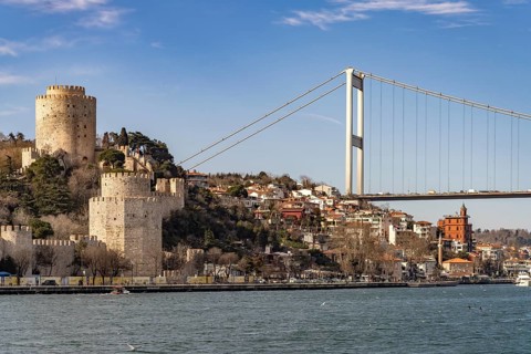The Rumeli Hisari Fortress and the Fatih Sultan Mehmet Bridge over the Bosphorus in Istanbul,