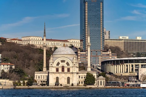 The Dolmabahçe Mosque on the Bosphorus in Besiktas, Istanbul, Turkey