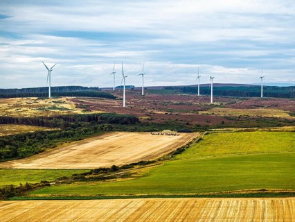 Wind Farm over fields and moors in Nord England