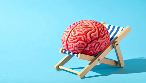 Brain relaxes on a sunbed under the summer sun, placed on a flat surface, symbol for mental health,