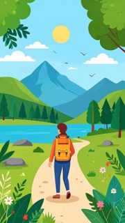 Traveling and hiking in mountain landscape, abstract vector illustration, AI generated image