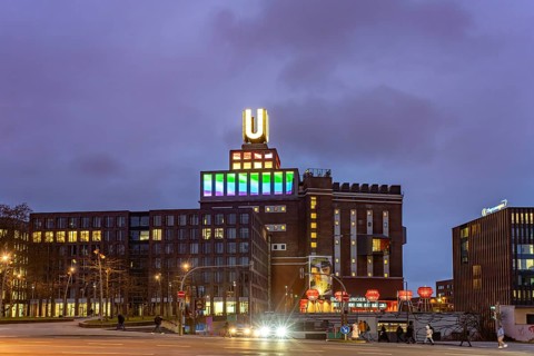 Dortmund landmark U, centre for art and creativity in the former Union Brewery at dusk, Dortmund,