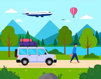 Traveling and hiking in mountain landscape, abstract vector illustration, AI generated image