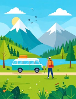 Traveling and hiking in mountain landscape, abstract vector illustration, AI generated image