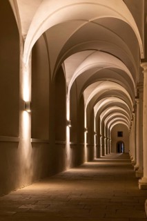 Pillars and archway in the stable courtyard, artificial light, Residenzschloss, Neustadt, Dresden,