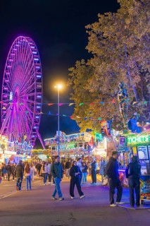 Festive atmosphere with fairy lights and a large Ferris wheel at night, Cannstatter Wasen folk