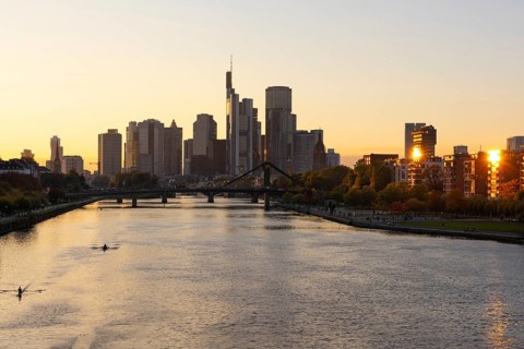 The trees on the banks of the River Main glow with autumnal colour in the light of the evening sun,