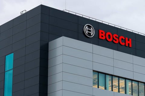 Modern building with Bosch logo, grey-blue architecture and large windows, Waiblingen,