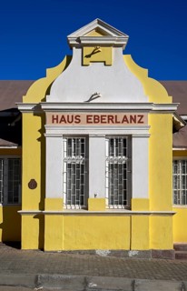 Colonial house facade of the Eberlanz House in Bergstraße, Lüderitz, Karas Region, Namibia