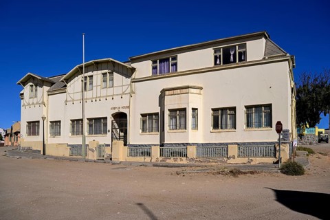 Colonial house facade of the Kreplin House in Bergstraße, Lüderitz, Karas Region, Namibia