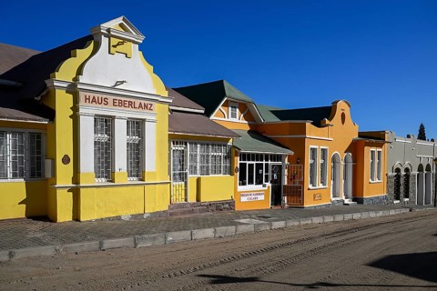 Colonial house facade of the Eberlanz House in Bergstraße, Lüderitz, Karas Region, Namibia
