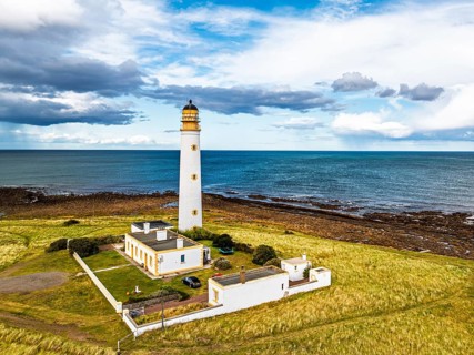 Barns Ness Lighthouse from a drone, Dunbar, East Lothian, Scotland, UK