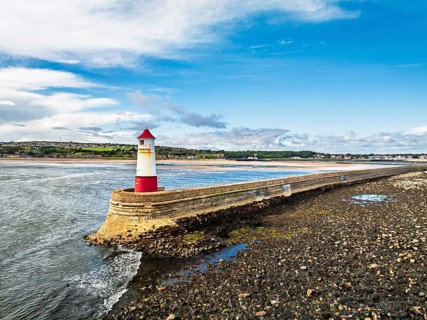 Berwick Pier and Lighthouse from a drone, Berwick-upon-Tweed, England, United Kingdom