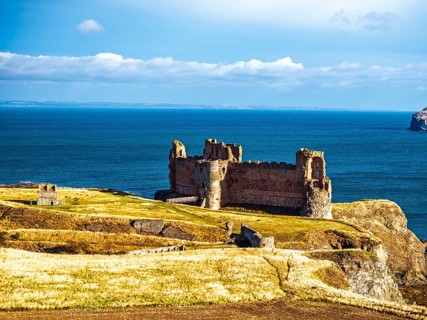 Ruins of Tantallon Castle from a drone, North Berwick, East Lothian, Scotland, UK