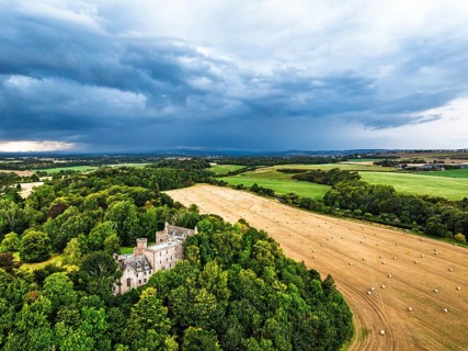 Hutton Castle from a drone, Whiteadder Water, Chirnside, Scottish Borders, UK