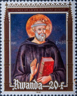 Benedict of Nursia (480-543), monk and founder of the Benedictine Order. Portrait on Rwandan
