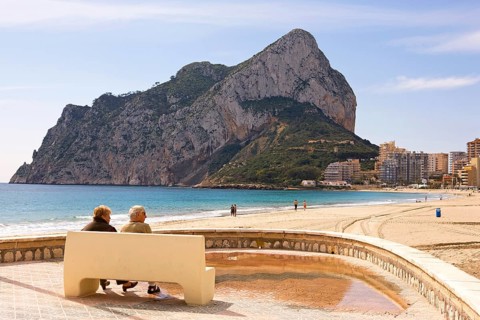 Beach promenade, Playa La Fossa-Levante, rock, Penon de Ifach, landmark, coast, city skyline,