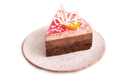 Chocolate cake isolated on white background, side view, close up